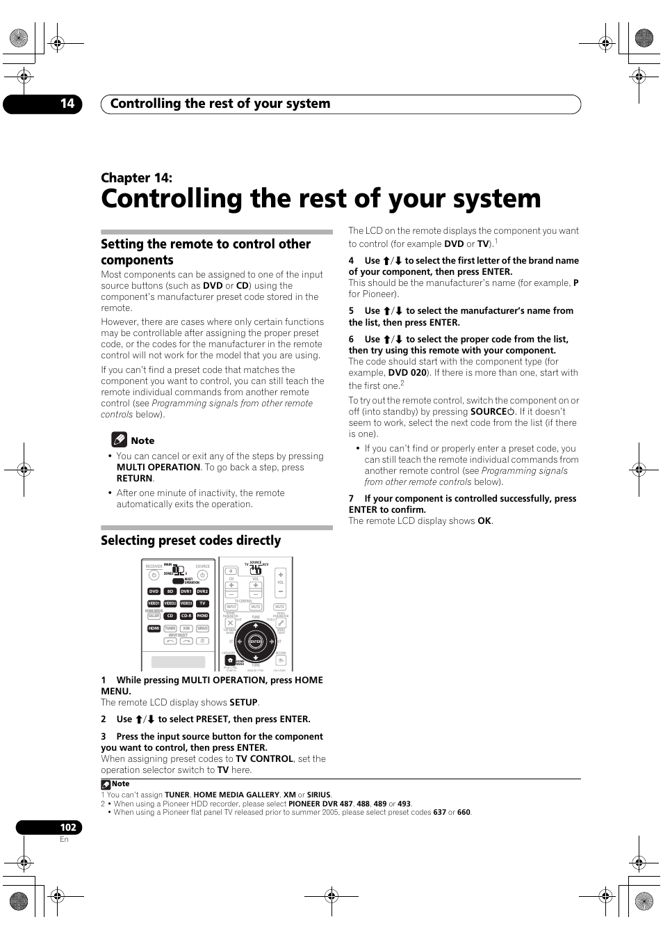 Controlling the rest of your system, Controlling the rest of your system 14, Chapter 14 | Setting the remote to control other components, Selecting preset codes directly | Pioneer Elite SC-07 User Manual | Page 102 / 138