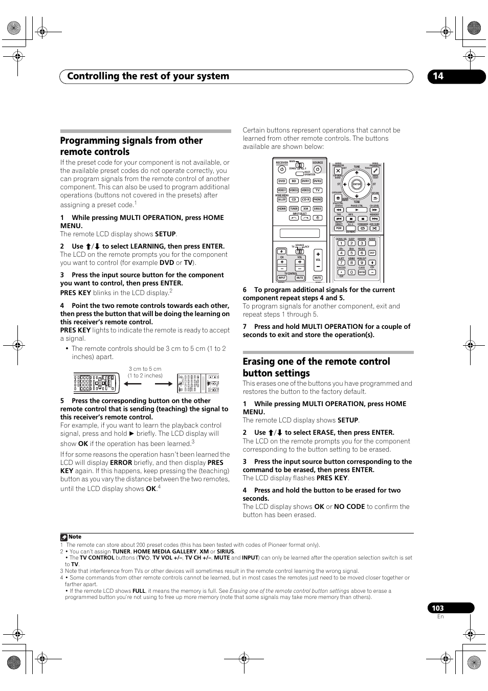Controlling the rest of your system 14, Programming signals from other remote controls, Erasing one of the remote control button settings | Pioneer Elite SC-07 User Manual | Page 103 / 138