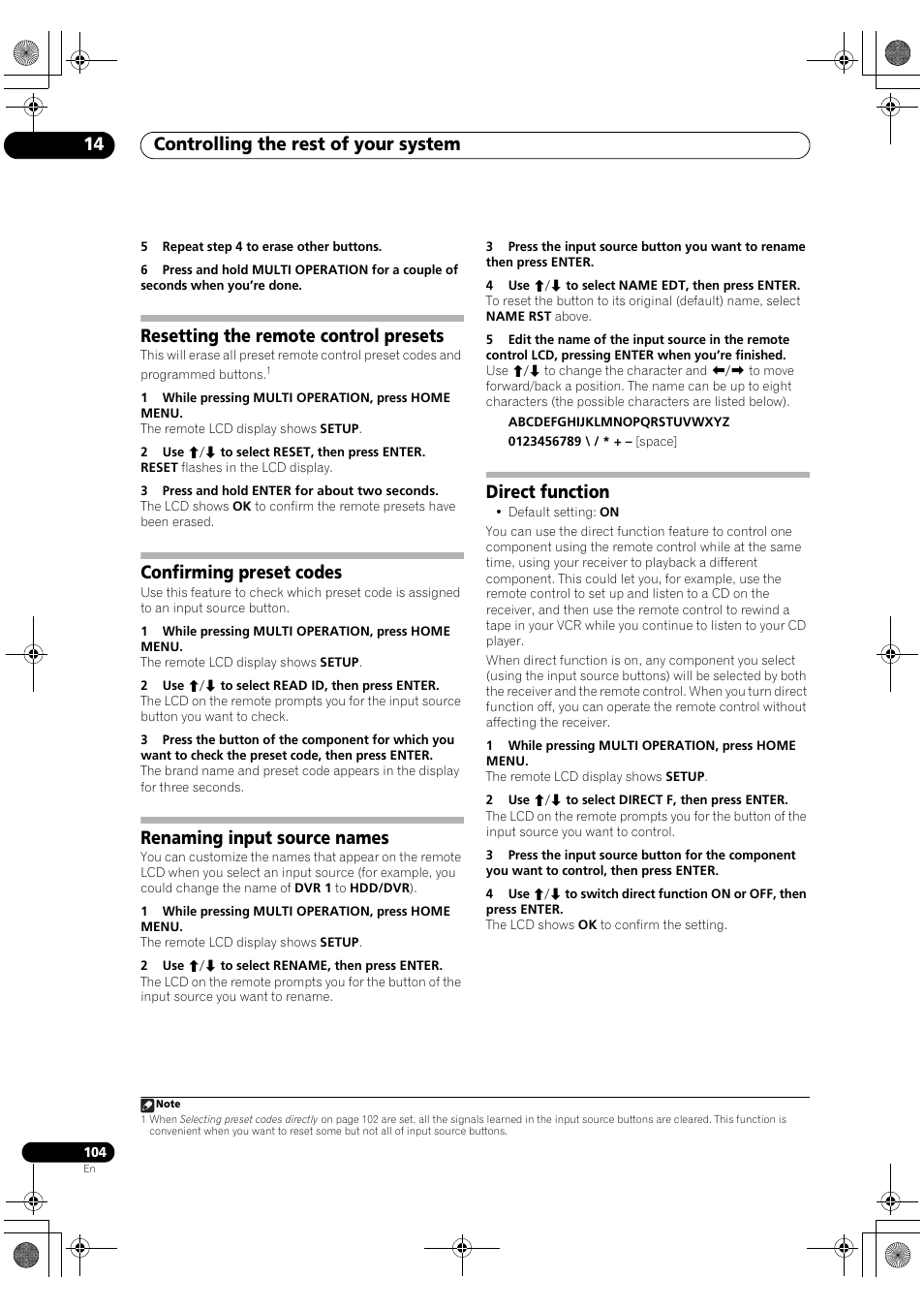Controlling the rest of your system 14, Resetting the remote control presets, Confirming preset codes | Renaming input source names, Direct function | Pioneer Elite SC-07 User Manual | Page 104 / 138