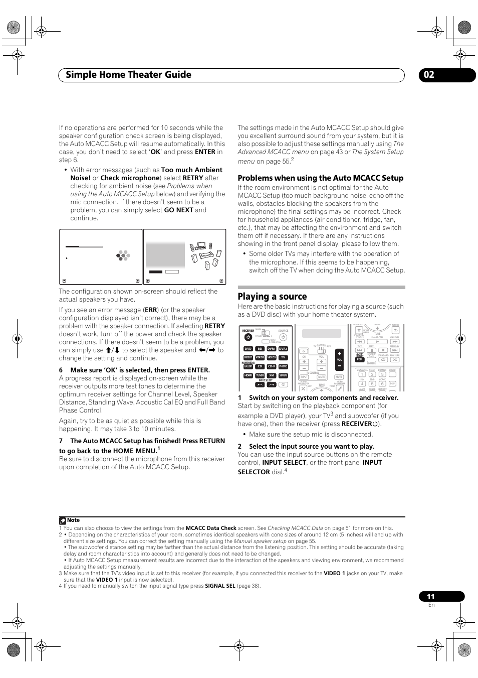 Problems when using the auto mcacc setup, Playing a source, Simple home theater guide 02 | Pioneer Elite SC-07 User Manual | Page 11 / 138