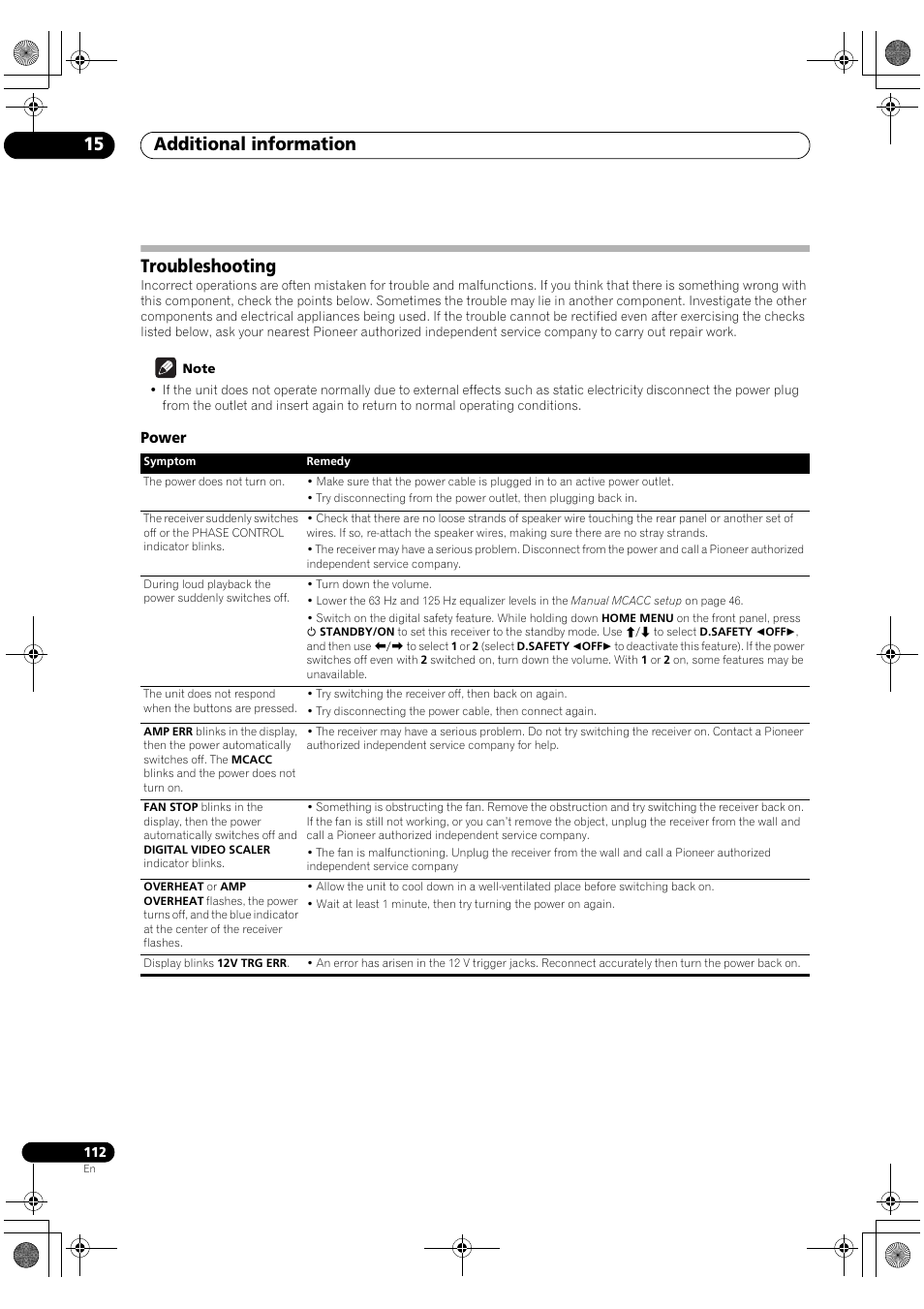 Troubleshooting, Power, Additional information 15 | Pioneer Elite SC-07 User Manual | Page 112 / 138