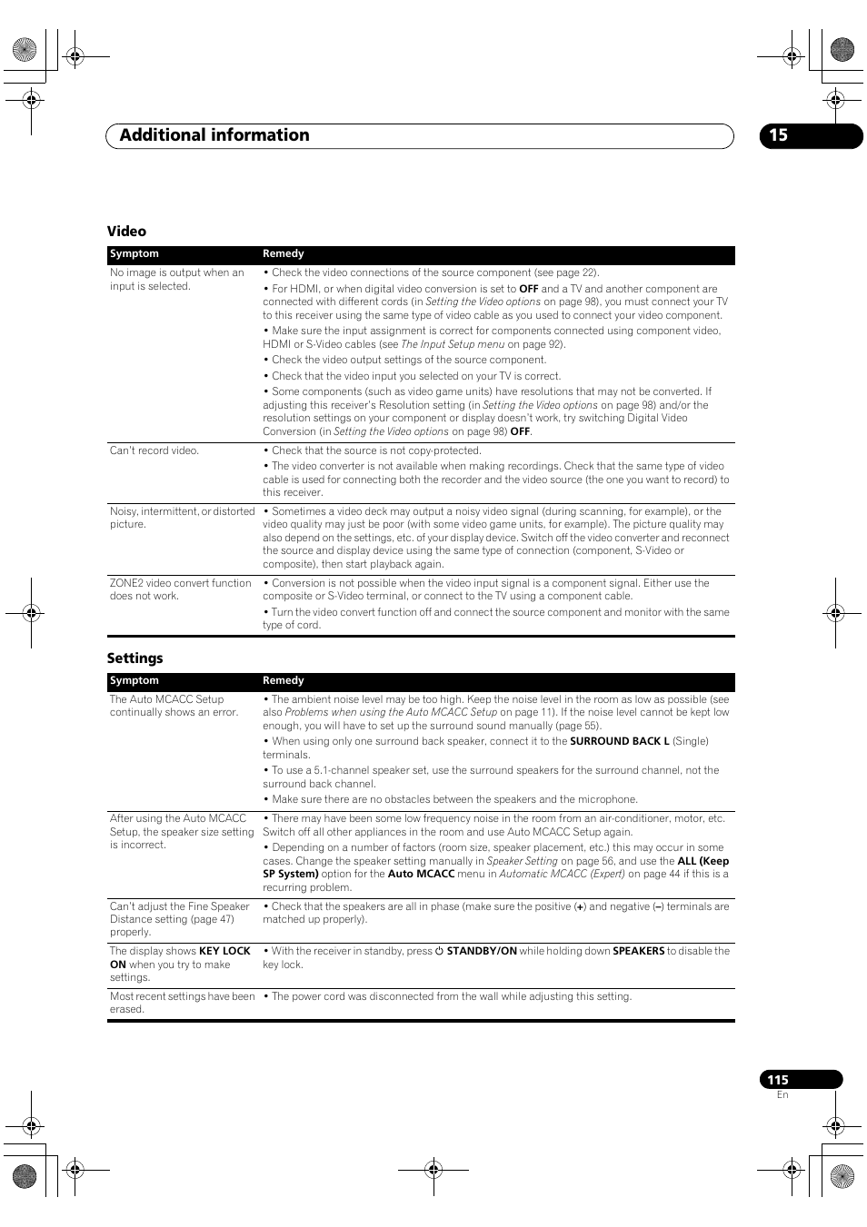 Video settings, Additional information 15 | Pioneer Elite SC-07 User Manual | Page 115 / 138