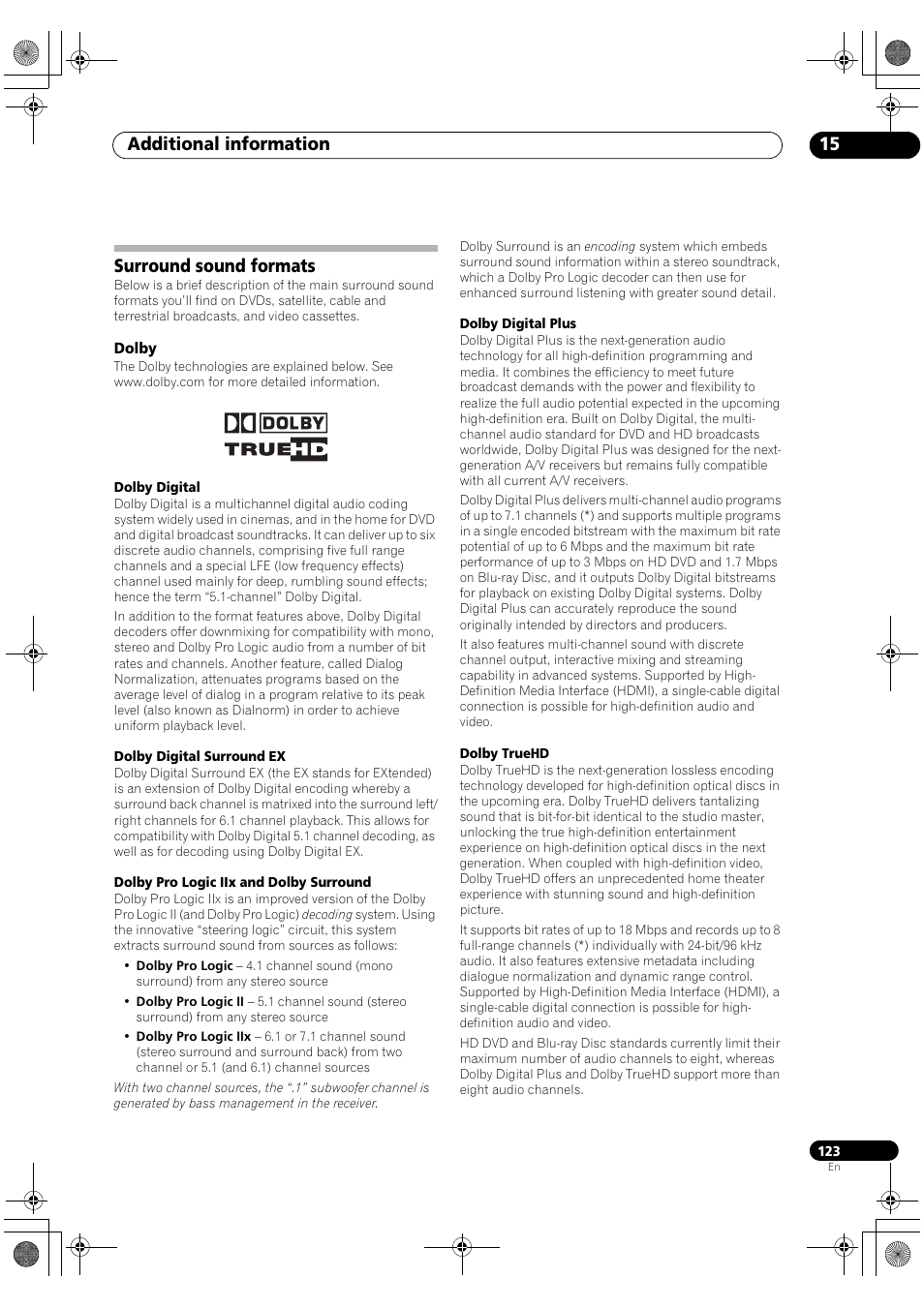 Surround sound formats, Dolby, Additional information 15 | Pioneer Elite SC-07 User Manual | Page 123 / 138
