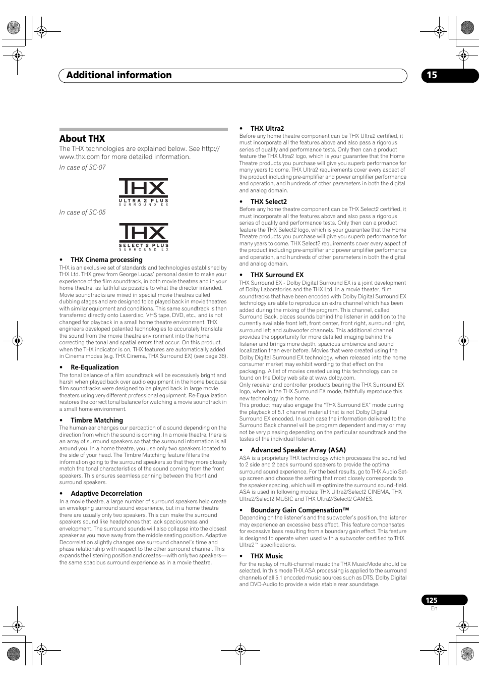 About thx, Additional information 15 | Pioneer Elite SC-07 User Manual | Page 125 / 138