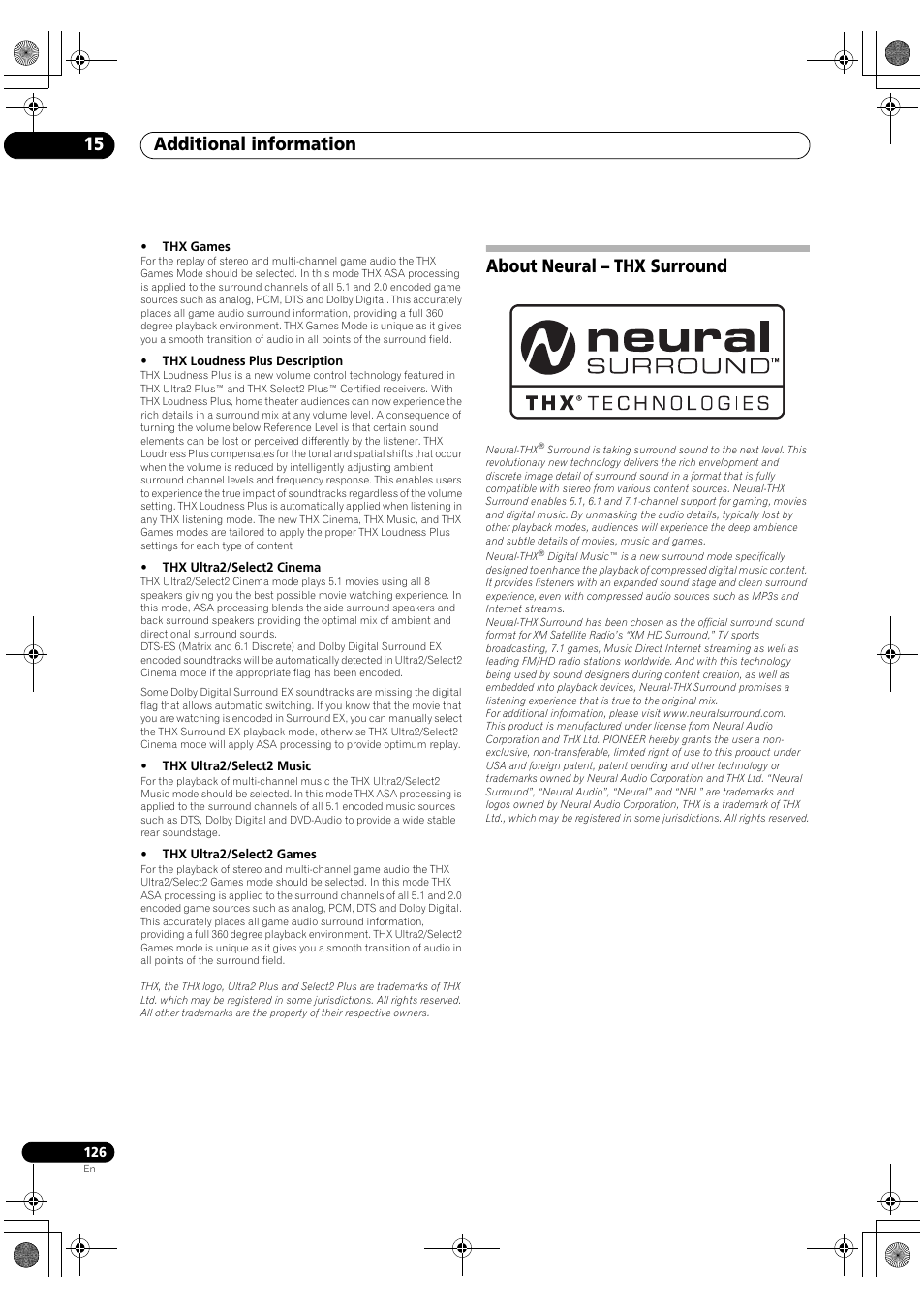 About neural – thx surround, Additional information 15 | Pioneer Elite SC-07 User Manual | Page 126 / 138