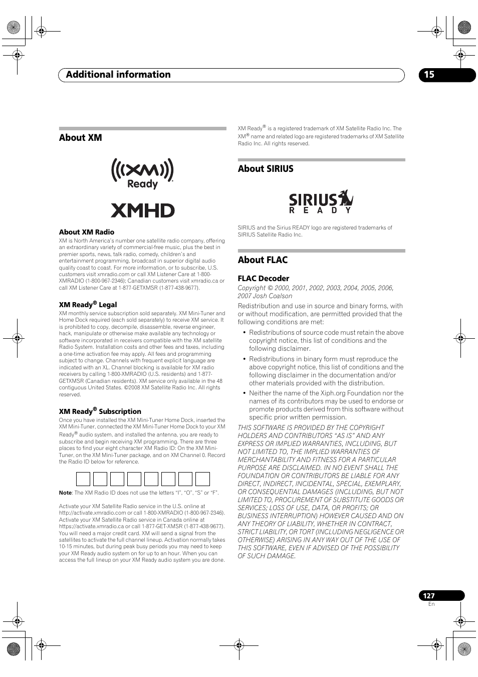 About xm about sirius about flac, Flac decoder, Additional information 15 | About xm, About sirius, About flac | Pioneer Elite SC-07 User Manual | Page 127 / 138