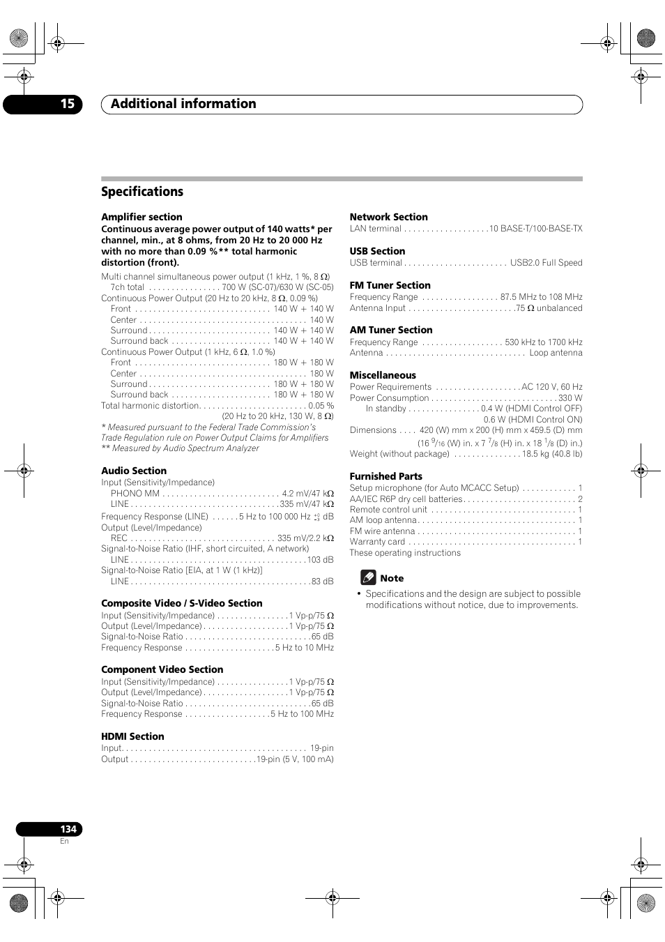 Specifications, Additional information 15 | Pioneer Elite SC-07 User Manual | Page 134 / 138