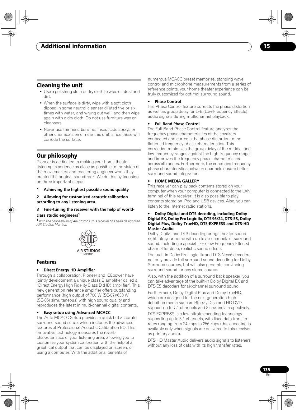 Cleaning the unit our philosophy, Features, Additional information 15 | Cleaning the unit, Our philosophy | Pioneer Elite SC-07 User Manual | Page 135 / 138