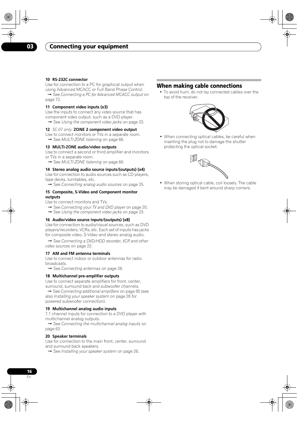 When making cable connections, Connecting your equipment 03 | Pioneer Elite SC-07 User Manual | Page 16 / 138
