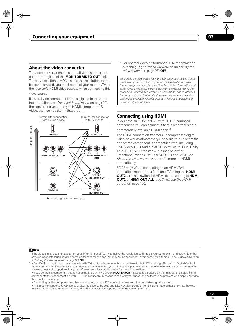 About the video converter connecting using hdmi, Connecting your equipment 03, About the video converter | Connecting using hdmi | Pioneer Elite SC-07 User Manual | Page 17 / 138