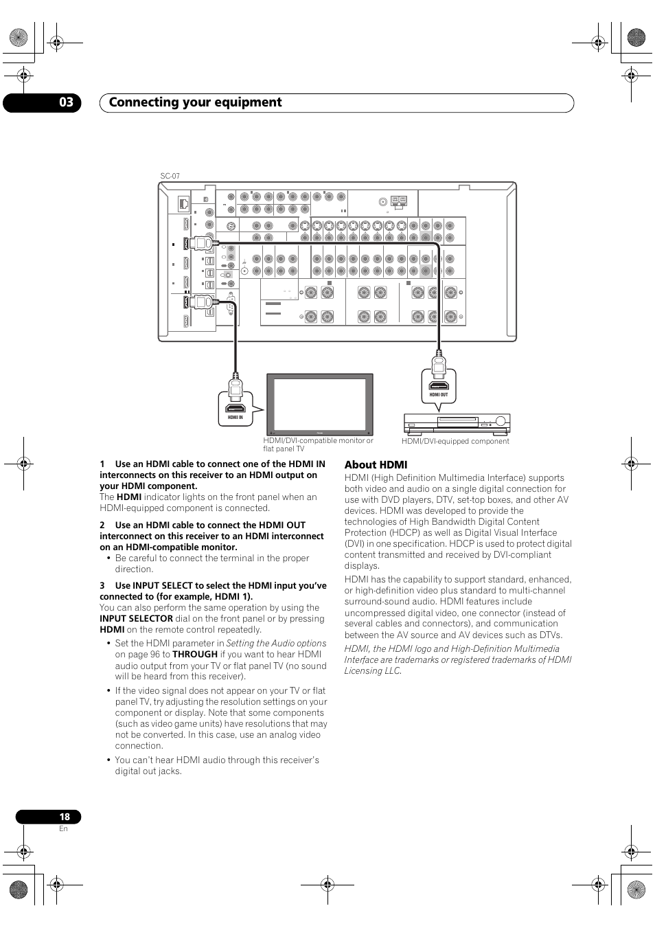 About hdmi, Connecting your equipment 03 | Pioneer Elite SC-07 User Manual | Page 18 / 138