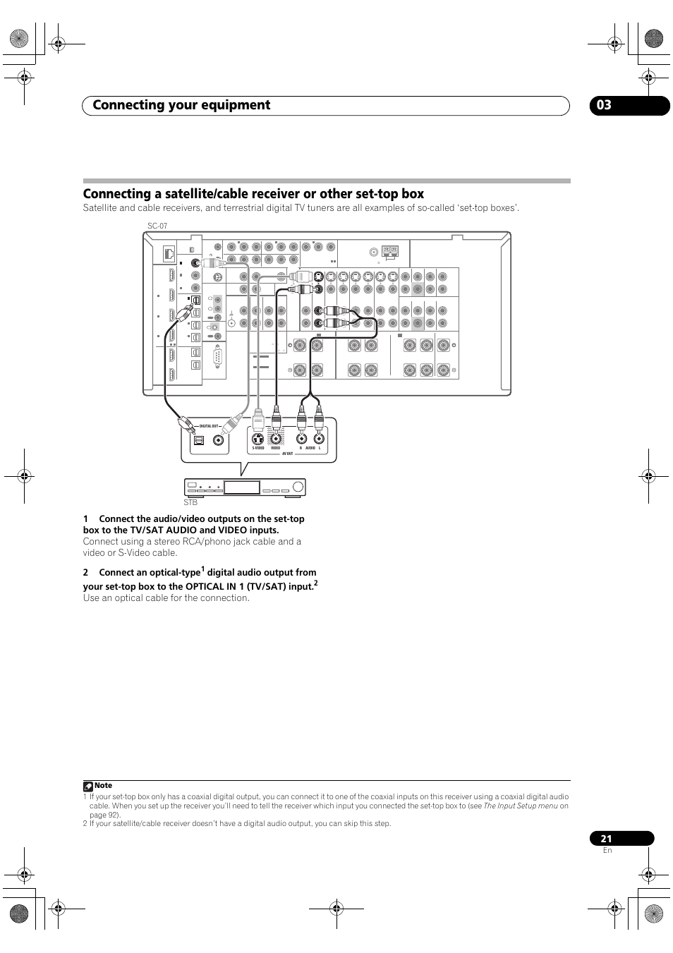 Connecting your equipment 03, Use an optical cable for the connection | Pioneer Elite SC-07 User Manual | Page 21 / 138