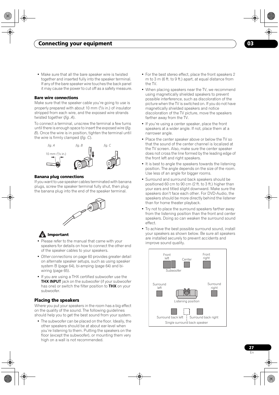 Placing the speakers, Connecting your equipment 03 | Pioneer Elite SC-07 User Manual | Page 27 / 138