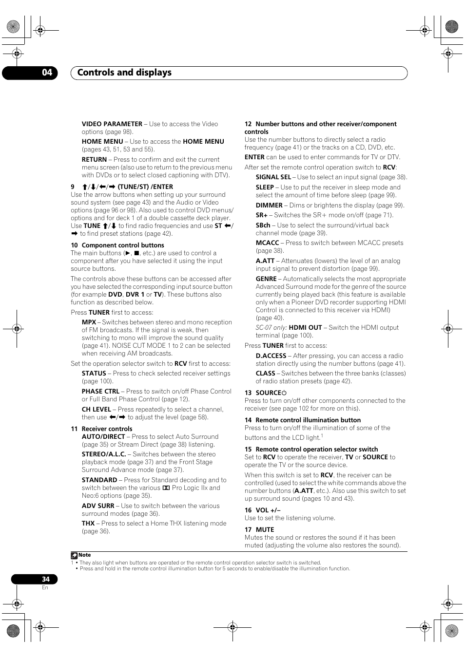 Controls and displays 04 | Pioneer Elite SC-07 User Manual | Page 34 / 138