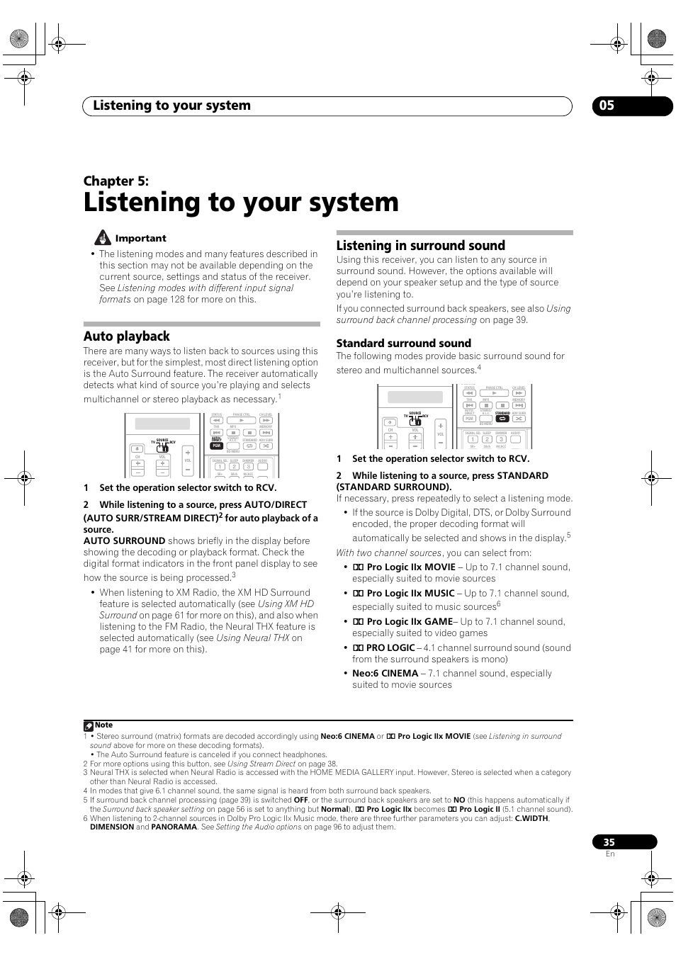 Auto playback listening in surround sound, Standard surround sound, Listening to your system | Listening to your system 05, Chapter 5, Auto playback, Listening in surround sound | Pioneer Elite SC-07 User Manual | Page 35 / 138