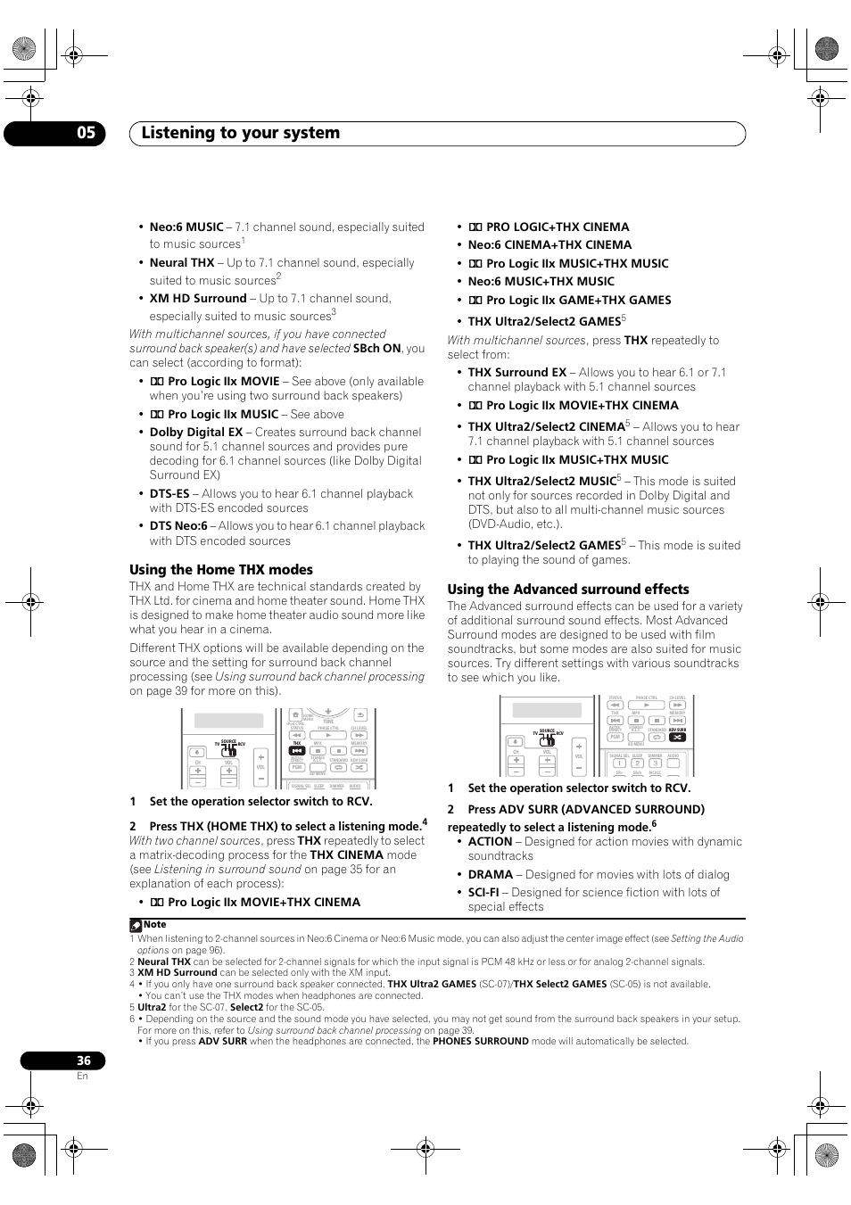 Listening to your system 05, Using the home thx modes, Using the advanced surround effects | Pioneer Elite SC-07 User Manual | Page 36 / 138