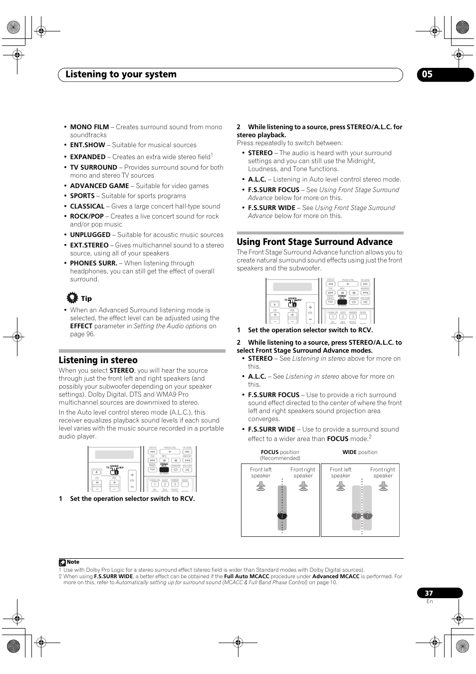 Listening to your system 05, Listening in stereo, Using front stage surround advance | Pioneer Elite SC-07 User Manual | Page 37 / 138