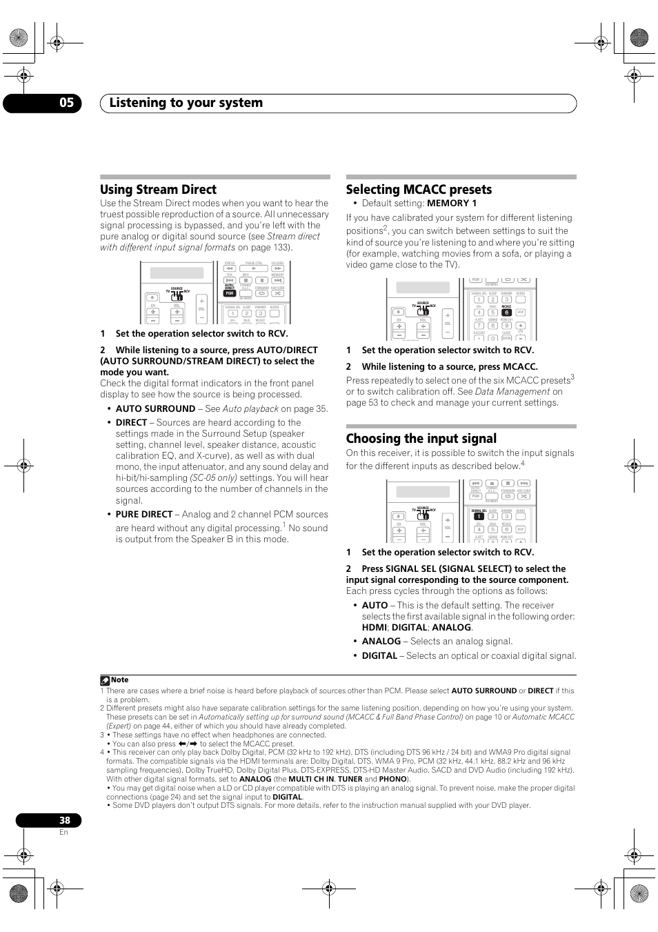 Listening to your system 05, Using stream direct, Selecting mcacc presets | Choosing the input signal, No sound is output from the speaker b in this mode | Pioneer Elite SC-07 User Manual | Page 38 / 138
