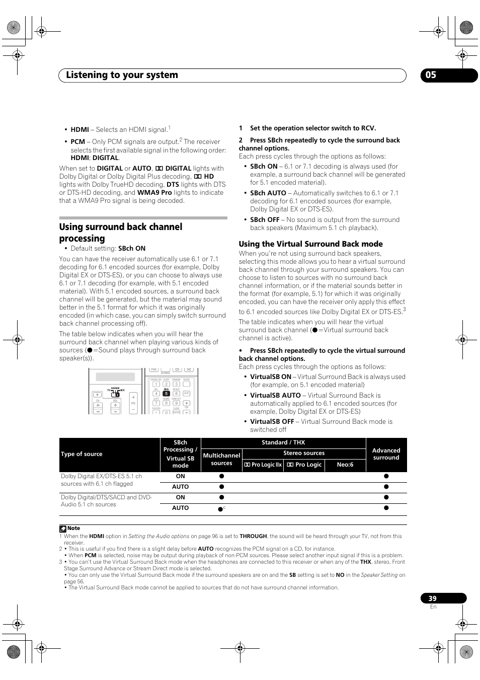 Using surround back channel processing, Using the virtual surround back mode, Listening to your system 05 | Pioneer Elite SC-07 User Manual | Page 39 / 138