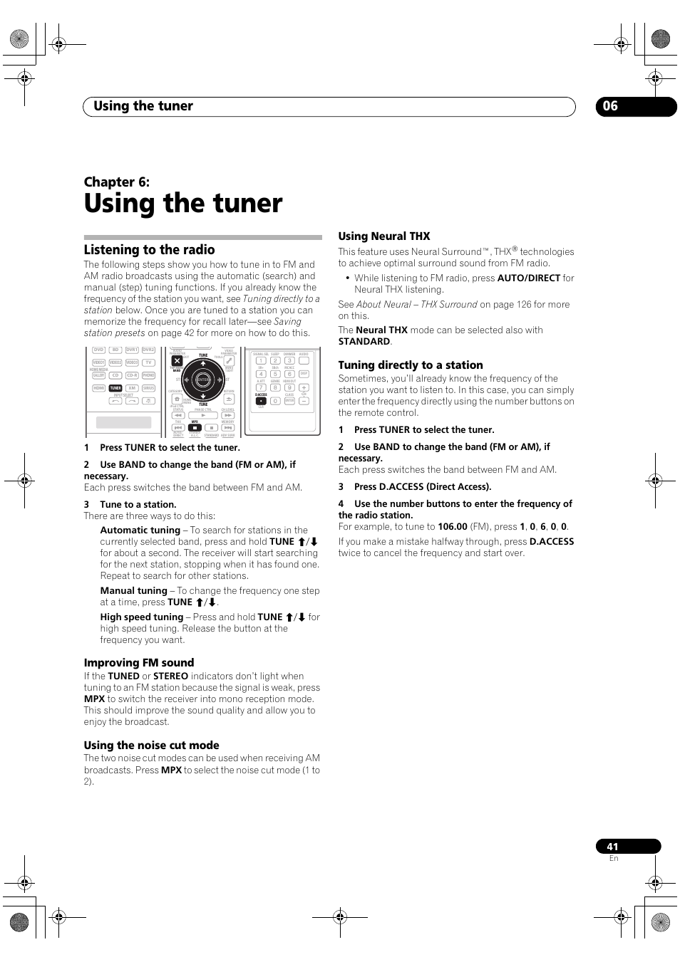 Listening to the radio, Using the tuner, Using the tuner 06 | Chapter 6, Improving fm sound, Using the noise cut mode, Using neural thx, Tuning directly to a station, This feature uses neural surround™, thx | Pioneer Elite SC-07 User Manual | Page 41 / 138