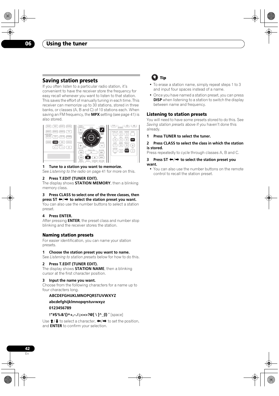 Saving station presets, Using the tuner 06, Naming station presets | Listening to station presets | Pioneer Elite SC-07 User Manual | Page 42 / 138