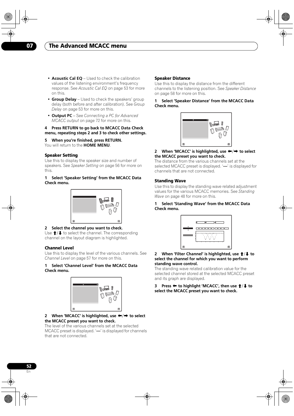 The advanced mcacc menu 07, Speaker setting, Channel level | Speaker distance, Standing wave | Pioneer Elite SC-07 User Manual | Page 52 / 138