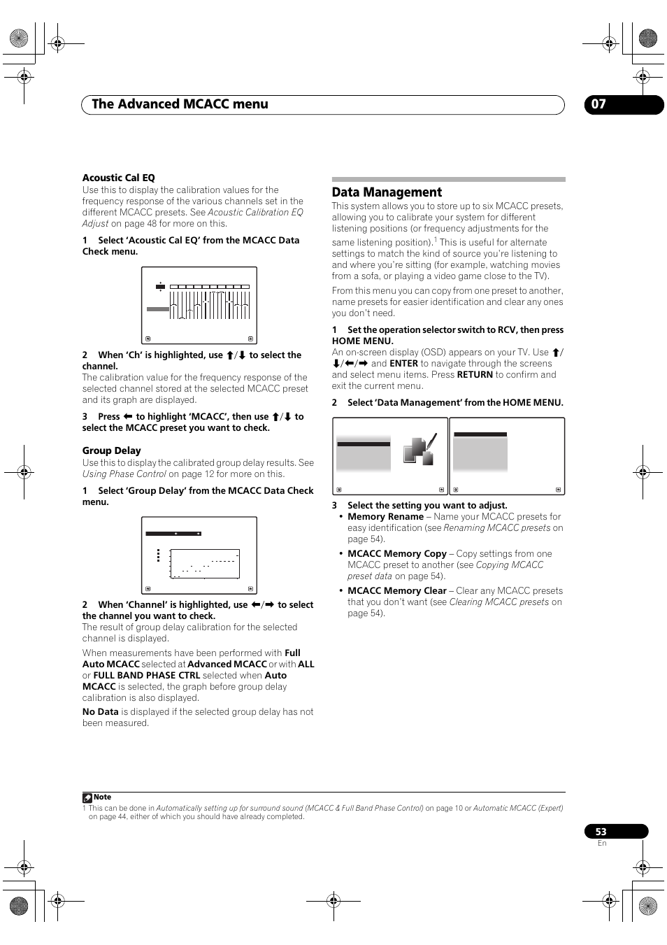 Data management, The advanced mcacc menu 07, Acoustic cal eq | Group delay | Pioneer Elite SC-07 User Manual | Page 53 / 138