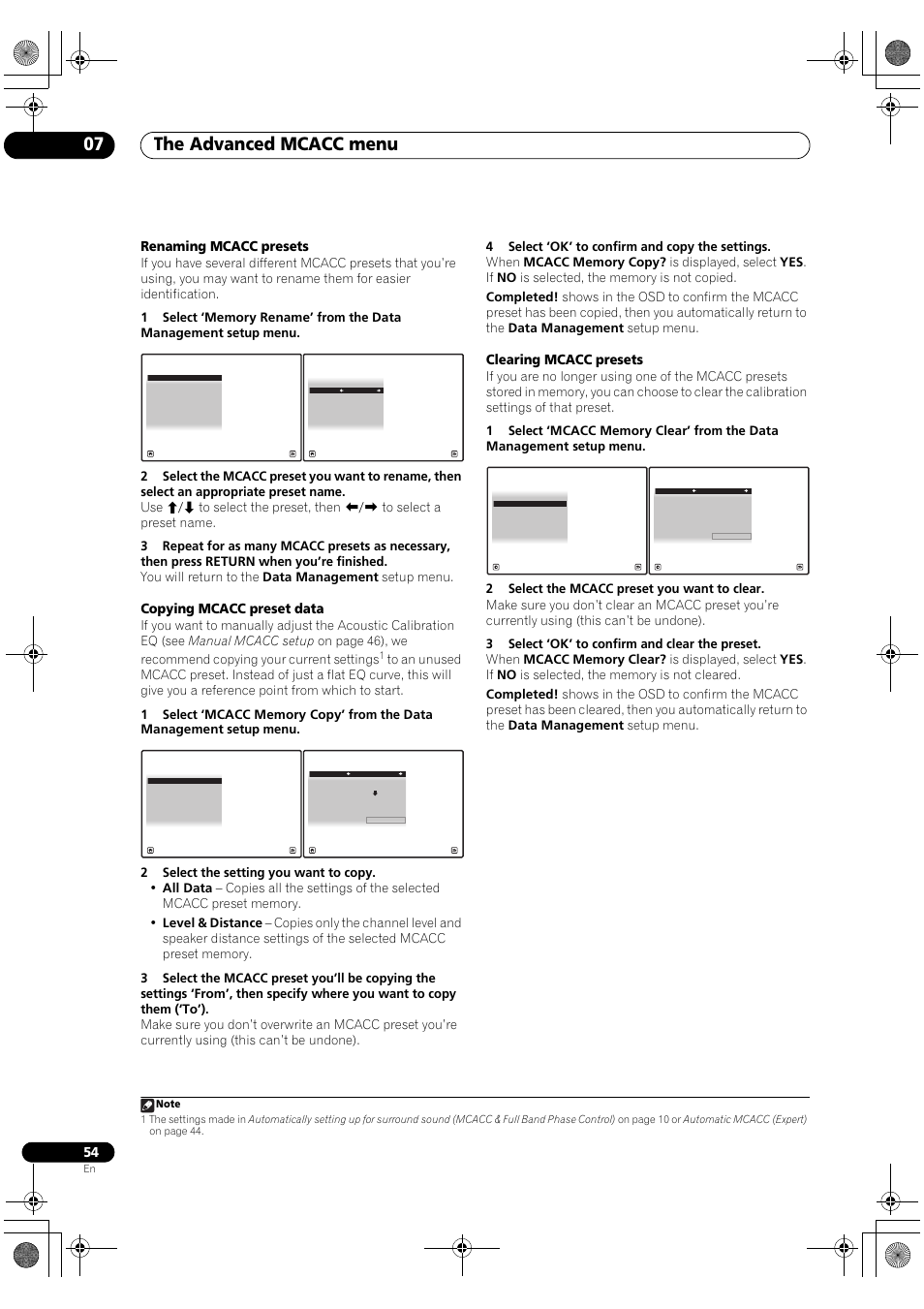 The advanced mcacc menu 07, Renaming mcacc presets, Copying mcacc preset data | Clearing mcacc presets | Pioneer Elite SC-07 User Manual | Page 54 / 138