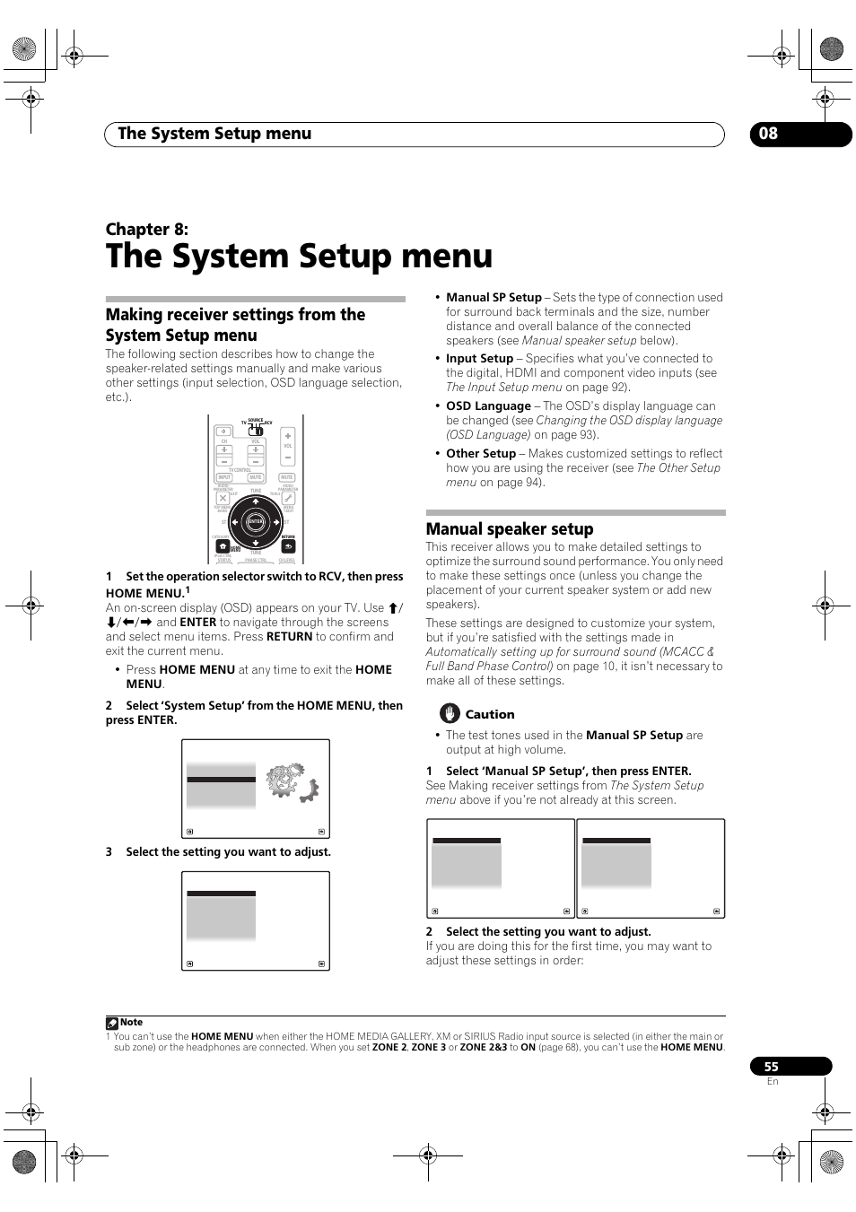 The system setup menu, The system setup menu 08, Chapter 8 | Manual speaker setup | Pioneer Elite SC-07 User Manual | Page 55 / 138
