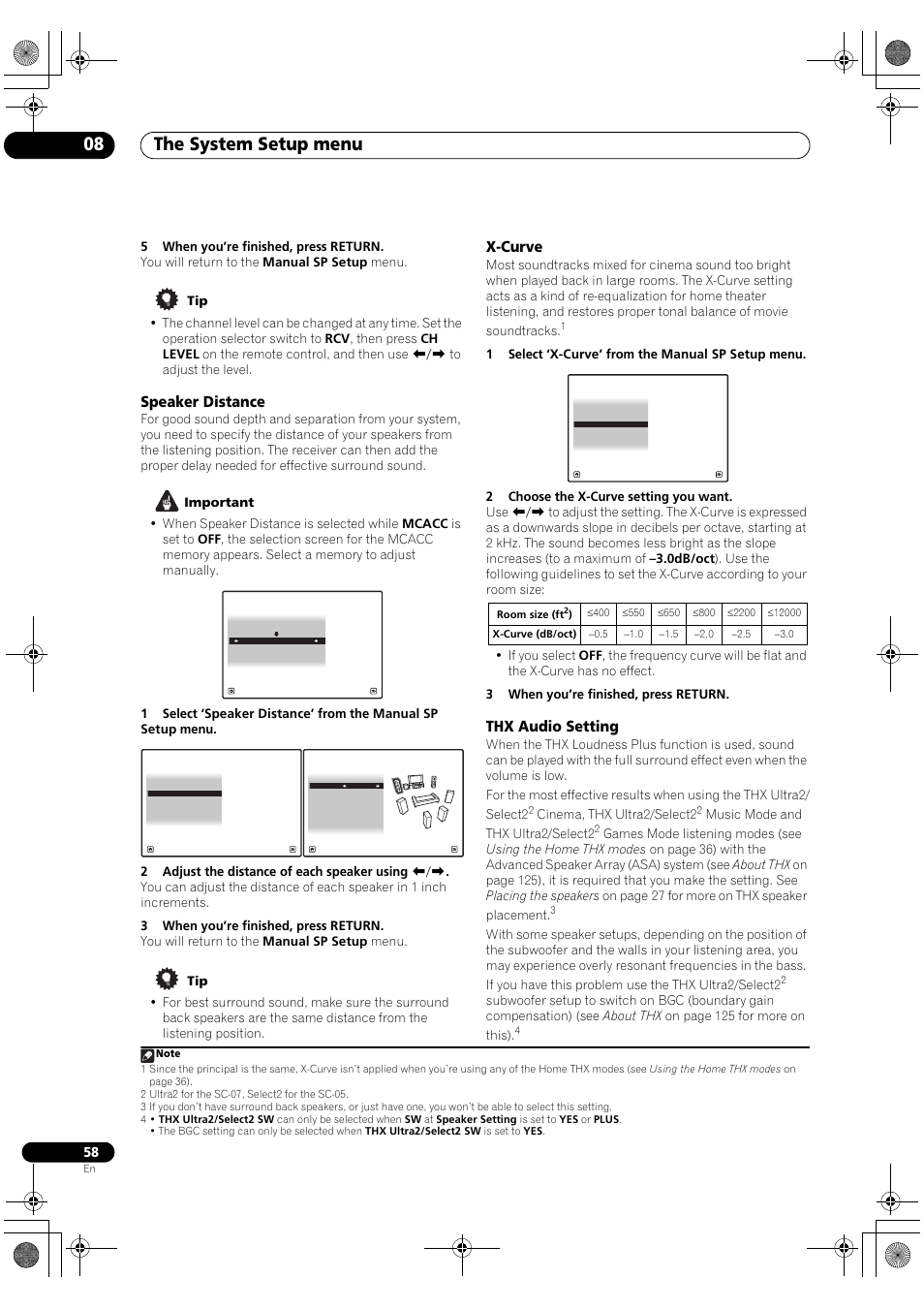 Speaker distance x-curve thx audio setting, The system setup menu 08, Speaker distance | X-curve, Thx audio setting | Pioneer Elite SC-07 User Manual | Page 58 / 138
