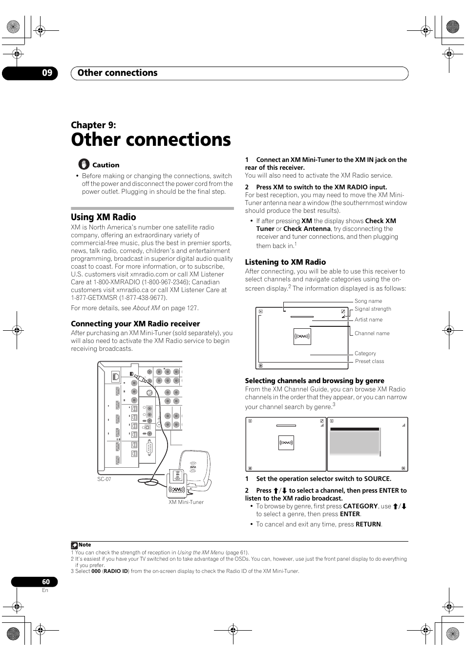 Using xm radio, Other connections, Other connections 09 | Chapter 9, Connecting your xm radio receiver, Listening to xm radio, Selecting channels and browsing by genre, The information displayed is as follows | Pioneer Elite SC-07 User Manual | Page 60 / 138