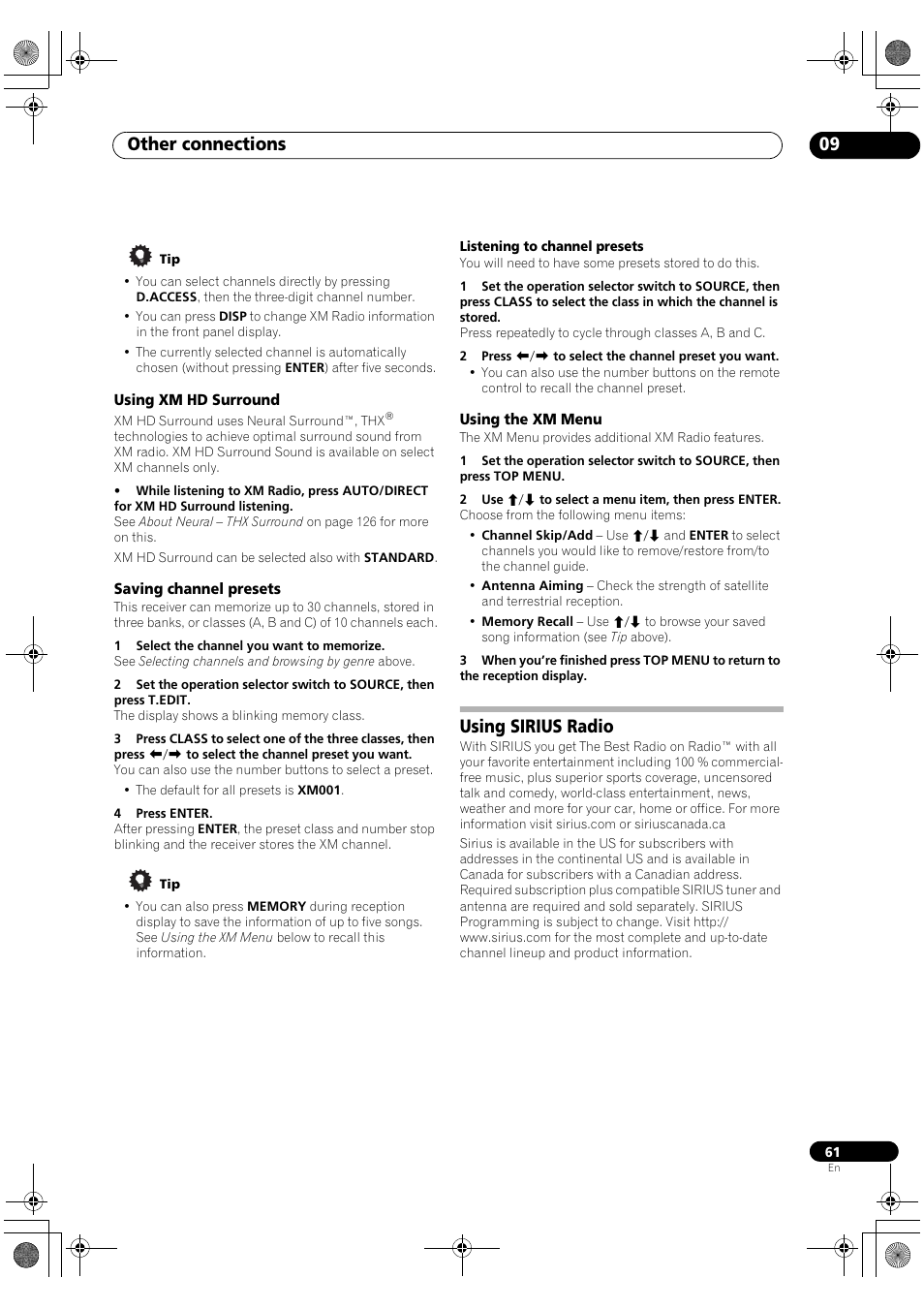 Using sirius radio, Other connections 09 | Pioneer Elite SC-07 User Manual | Page 61 / 138