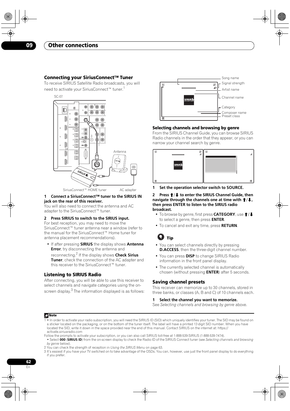 Other connections 09, Connecting your siriusconnect™ tuner, Listening to sirius radio | Saving channel presets, Selecting channels and browsing by genre, The information displayed is as follows, Sc-07 antenna siriusconnect™ home tuner ac adapter | Pioneer Elite SC-07 User Manual | Page 62 / 138