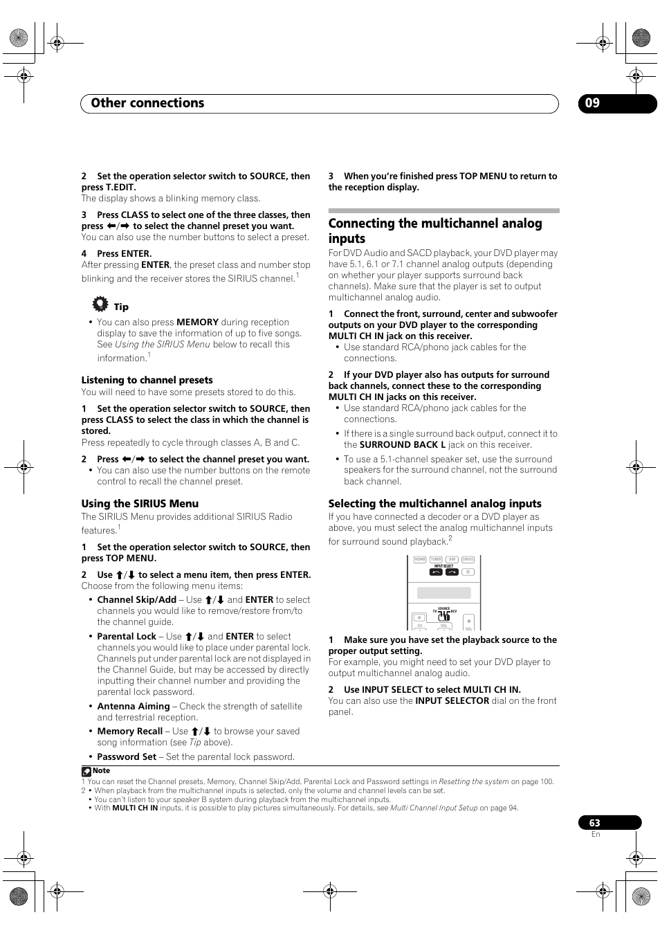 Using the sirius menu, Connecting the multichannel analog inputs, Selecting the multichannel analog inputs | Other connections 09 | Pioneer Elite SC-07 User Manual | Page 63 / 138