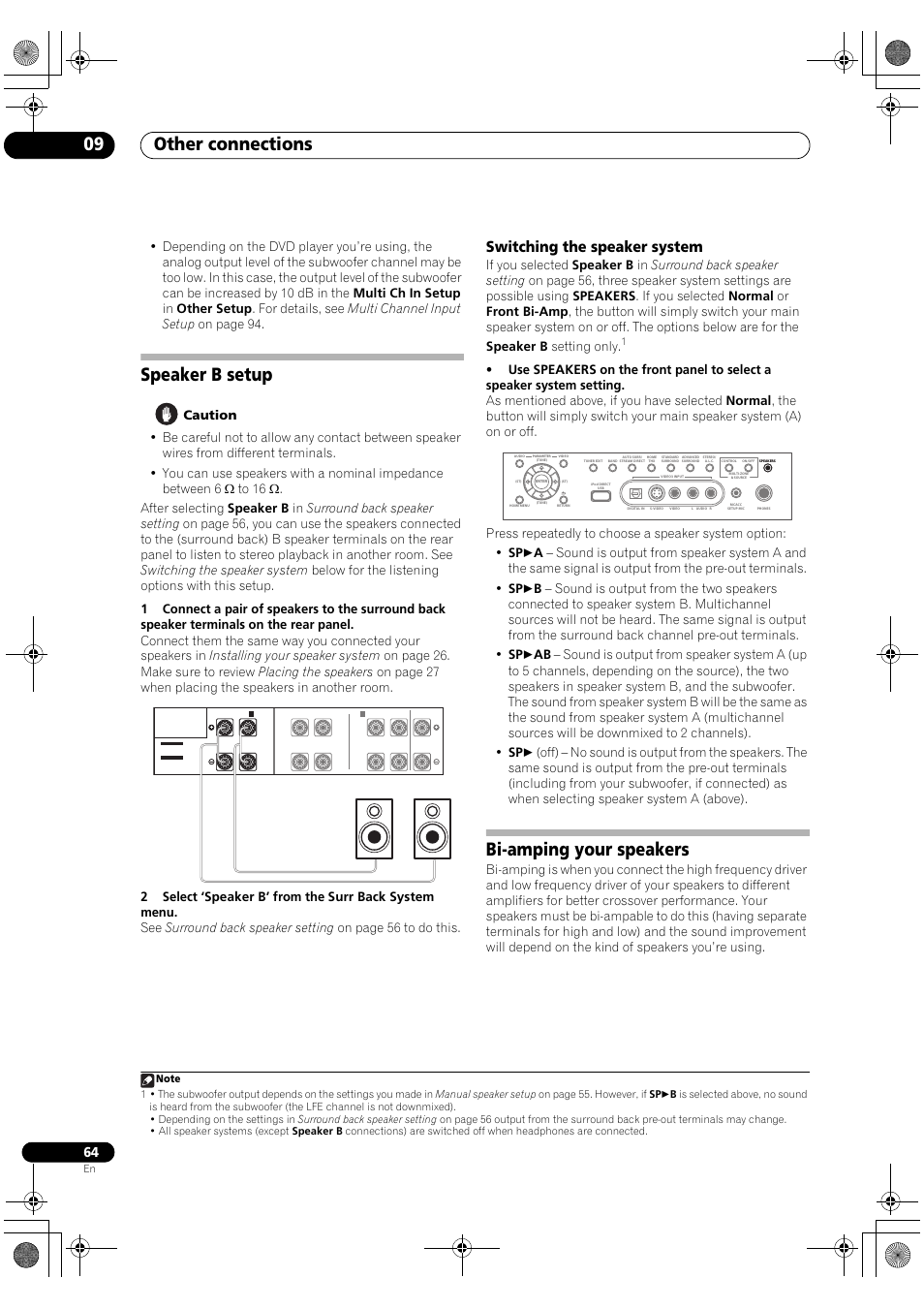 Speaker b setup, Switching the speaker system, Bi-amping your speakers | Other connections 09 | Pioneer Elite SC-07 User Manual | Page 64 / 138