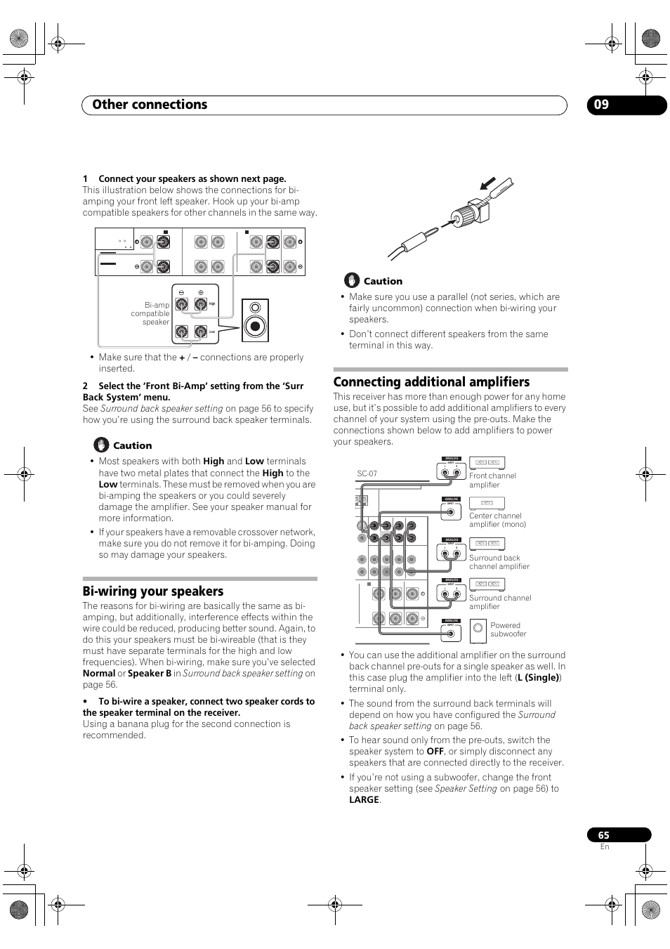 Other connections 09, Bi-wiring your speakers, Connecting additional amplifiers | Bi-amp compatible speaker | Pioneer Elite SC-07 User Manual | Page 65 / 138