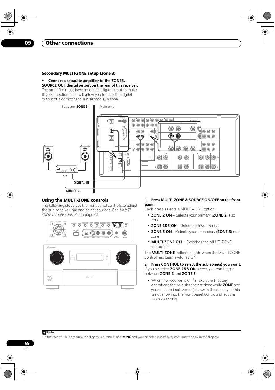Using the multi-zone controls, Other connections 09, Secondary multi-zone setup (zone 3) | Audio in digital in, Main zone sub zone ( zone 3 ) | Pioneer Elite SC-07 User Manual | Page 68 / 138