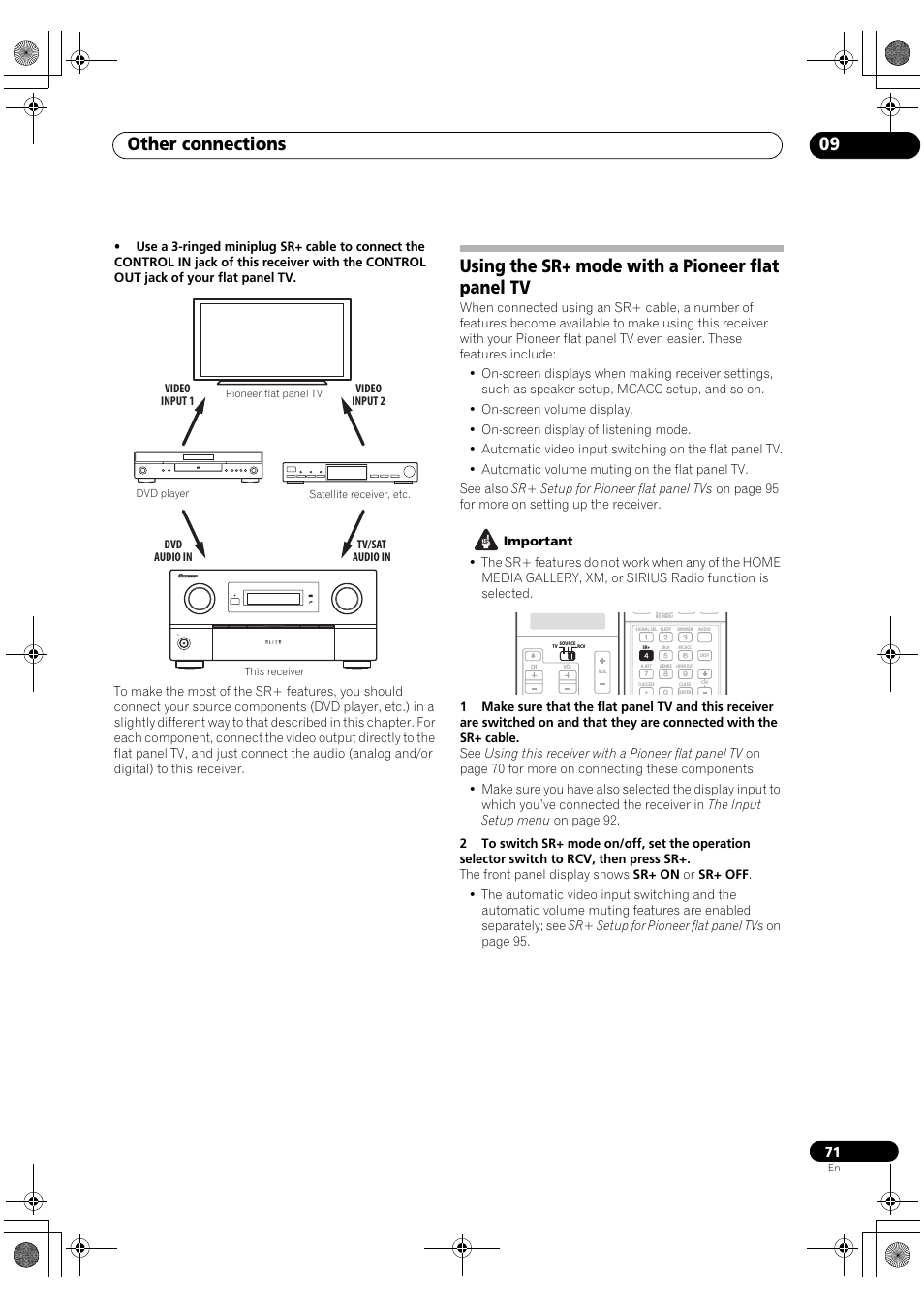 Using the sr+ mode with a pioneer flat panel tv, Other connections 09 | Pioneer Elite SC-07 User Manual | Page 71 / 138