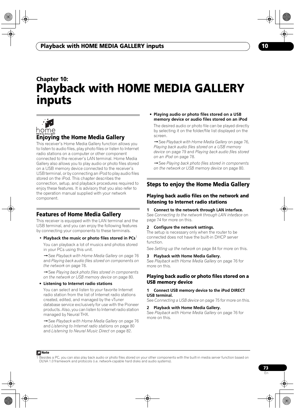 Playback with home media gallery inputs, Playback with home media gallery inputs 10, Chapter 10 | Enjoying the home media gallery, Features of home media gallery, Steps to enjoy the home media gallery | Pioneer Elite SC-07 User Manual | Page 73 / 138