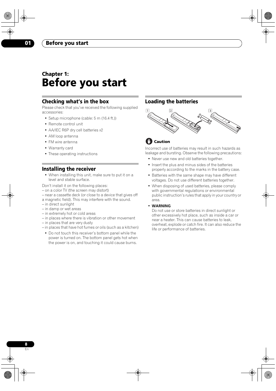 Before you start, Before you start 01, Chapter 1 | Checking what’s in the box, Installing the receiver, Loading the batteries | Pioneer Elite SC-07 User Manual | Page 8 / 138