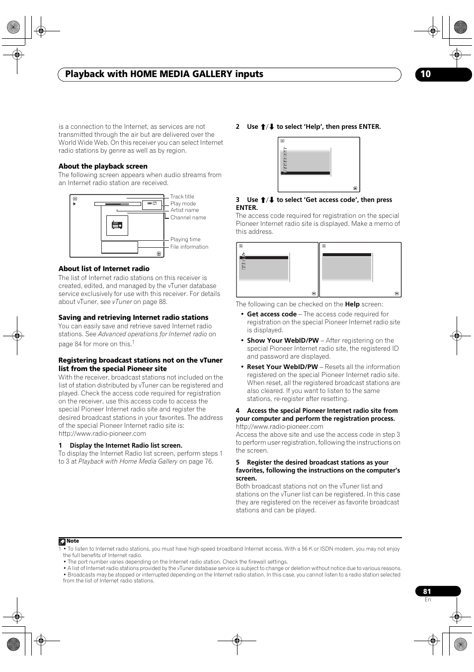 Playback with home media gallery inputs 10, About the playback screen, About list of internet radio | Saving and retrieving internet radio stations | Pioneer Elite SC-07 User Manual | Page 81 / 138