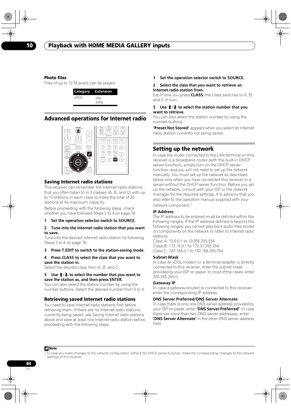 Advanced operations for internet radio, Setting up the network, Playback with home media gallery inputs 10 | Saving internet radio stations, Retrieving saved internet radio stations, Photo files, Files of up to 12 m pixels can be played | Pioneer Elite SC-07 User Manual | Page 84 / 138