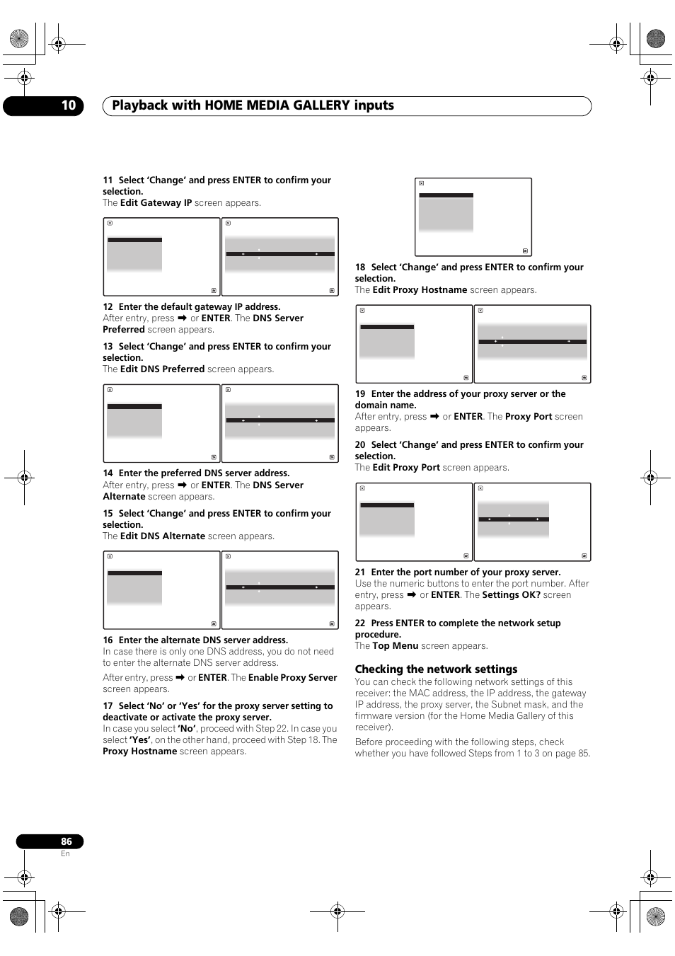 Checking the network settings, Playback with home media gallery inputs 10 | Pioneer Elite SC-07 User Manual | Page 86 / 138