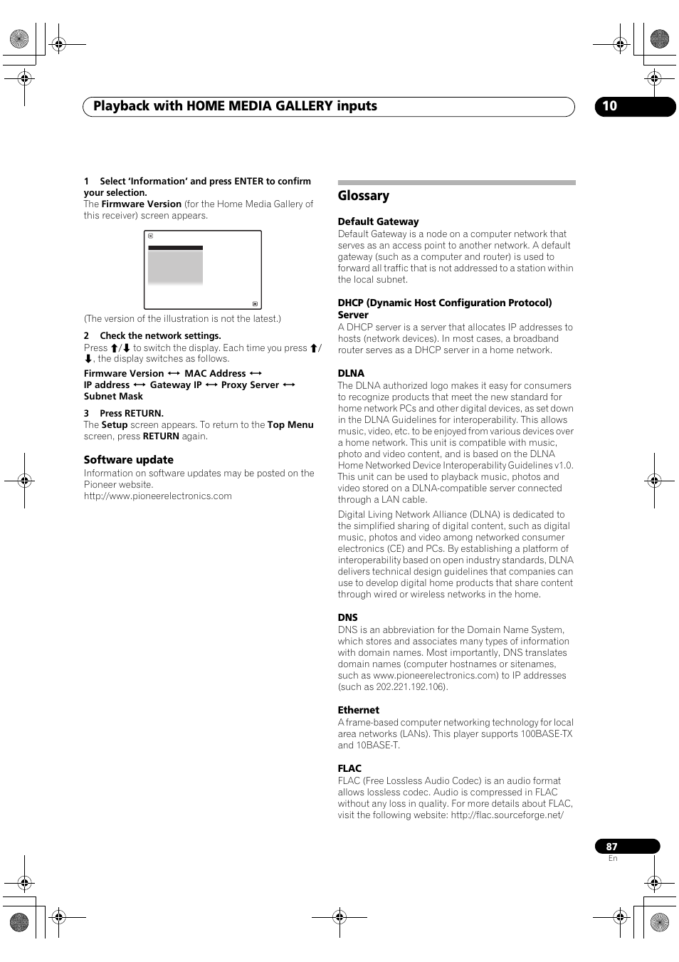 Software update, Glossary, Playback with home media gallery inputs 10 | Pioneer Elite SC-07 User Manual | Page 87 / 138