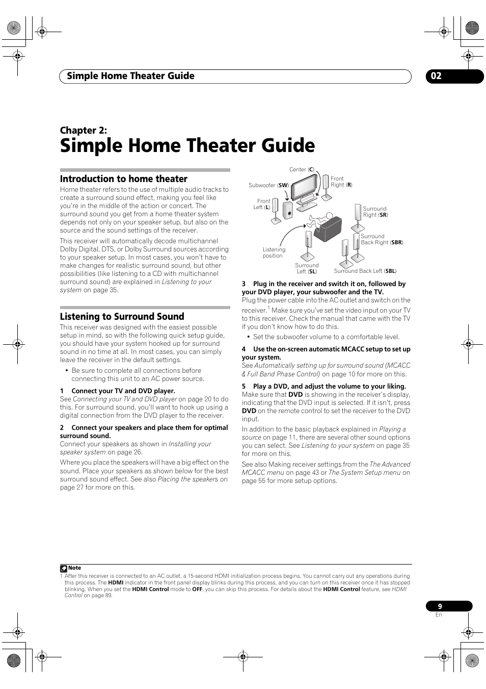 Simple home theater guide, Simple home theater guide 02, Chapter 2 | Introduction to home theater, Listening to surround sound | Pioneer Elite SC-07 User Manual | Page 9 / 138