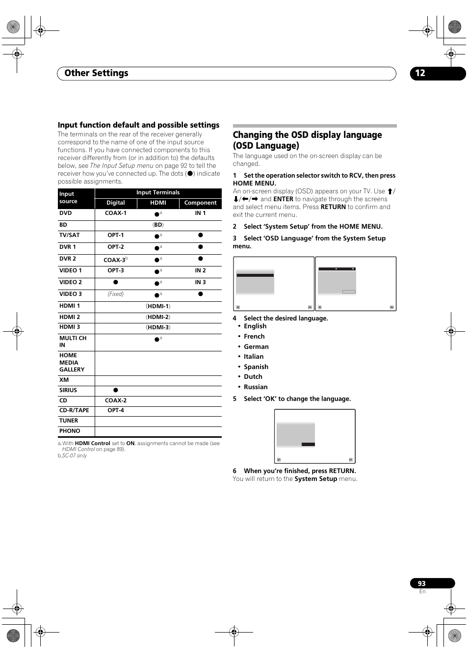 Input function default and possible settings, Changing the osd display language (osd language), Other settings 12 | Pioneer Elite SC-07 User Manual | Page 93 / 138
