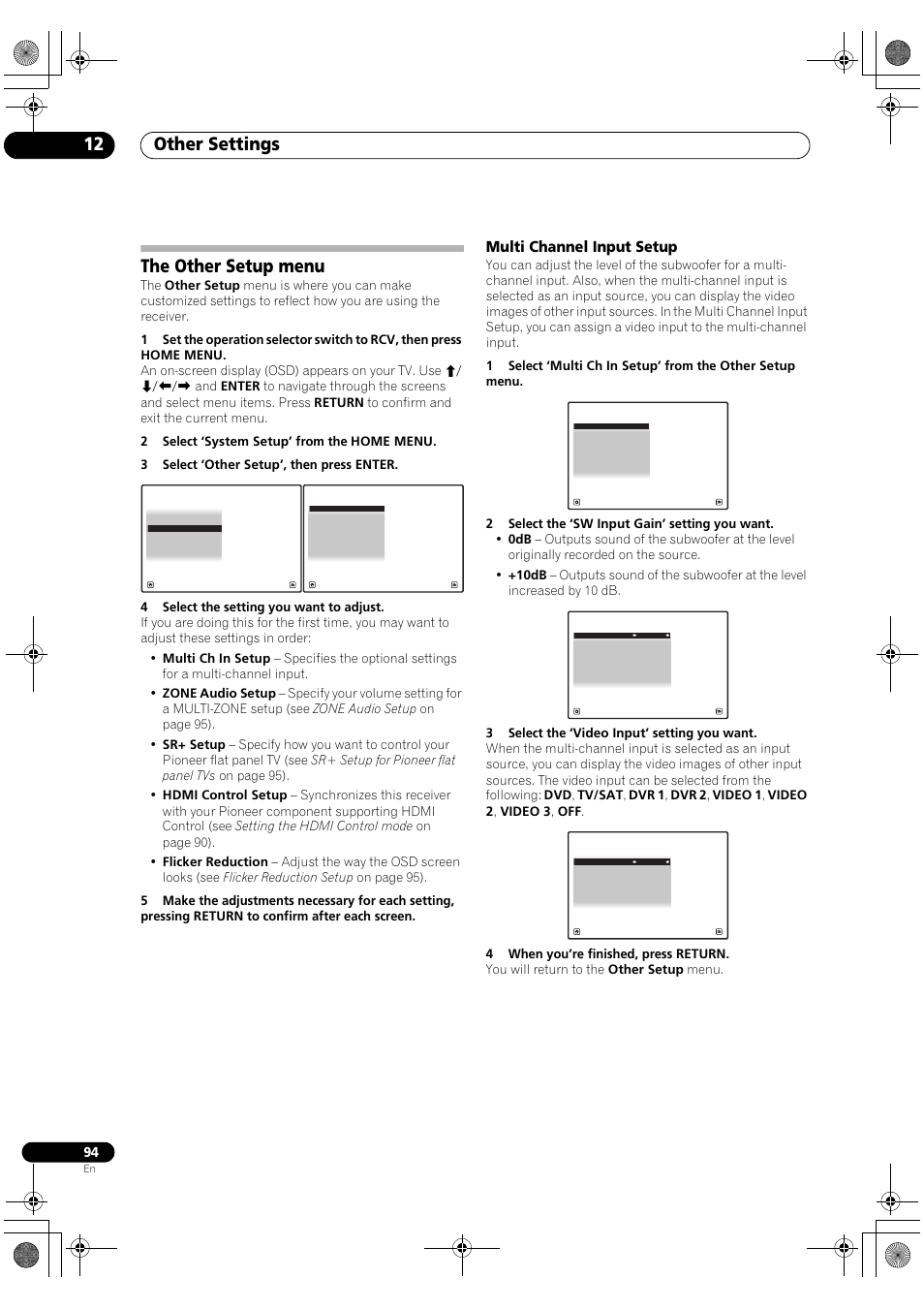 The other setup menu, Multi channel input setup, Other settings 12 | Pioneer Elite SC-07 User Manual | Page 94 / 138