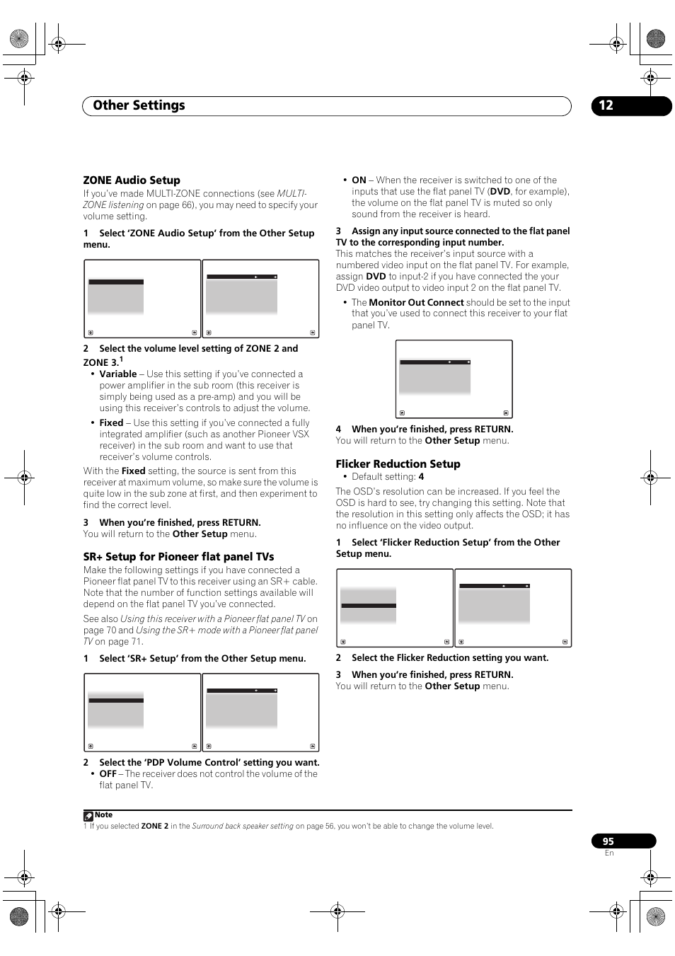 Other settings 12, Zone audio setup, Sr+ setup for pioneer flat panel tvs | Flicker reduction setup | Pioneer Elite SC-07 User Manual | Page 95 / 138