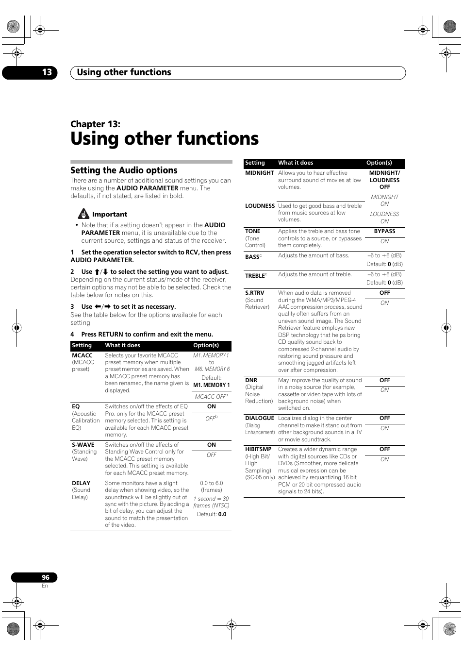 Setting the audio options, Using other functions, Using other functions 13 | Chapter 13 | Pioneer Elite SC-07 User Manual | Page 96 / 138