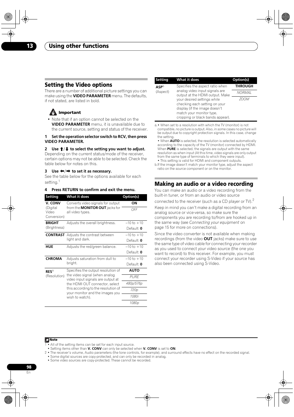 Using other functions 13, Setting the video options, Making an audio or a video recording | Pioneer Elite SC-07 User Manual | Page 98 / 138